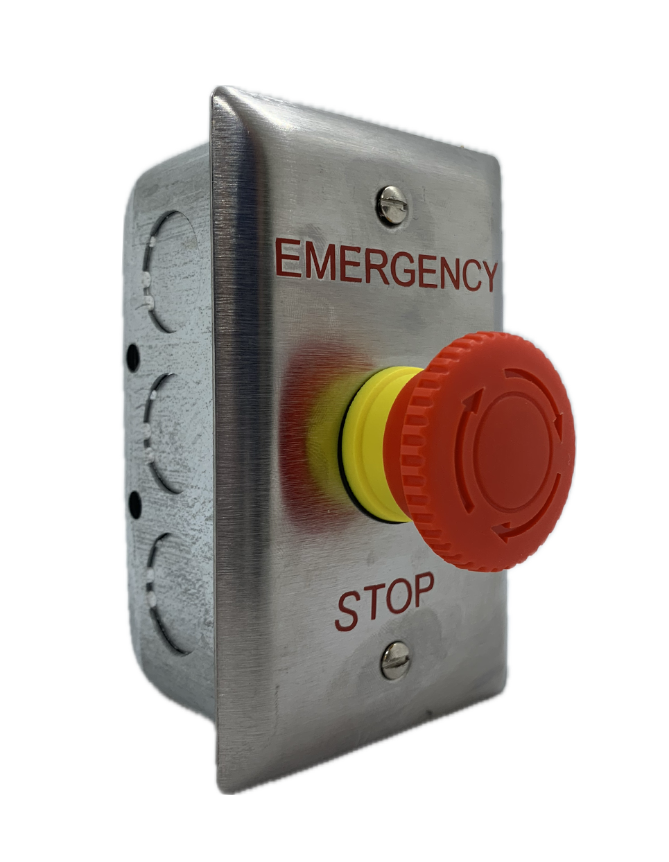 Burnaby Mfg. E-STOP - Emergency Stop & Restart-Stainless Steel Cover Plate, Galvanized Electric Box 2 1/4" x 4"