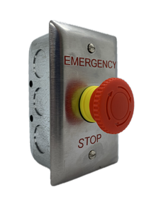 Burnaby Mfg. E-STOP - Emergency Stop & Restart-Stainless Steel Cover Plate, Galvanized Electric Box 2 1/4" x 4"