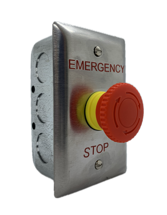 Burnaby Mfg. E-STOP - Emergency Stop & Restart-Stainless Steel Cover Plate, Galvanized Electric Box 2 1/4" x 4"