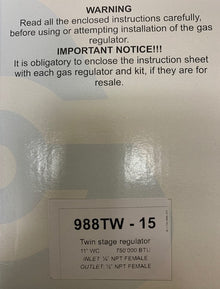 Cavagna Kosan Propane Gas Regulator - Compact Twin Stage LP - 1/4" NPT x 1/2" NPT [988TW-15]