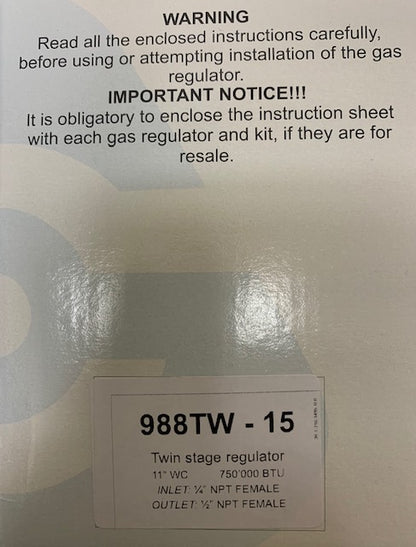 Cavagna Kosan Propane Gas Regulator - Compact Twin Stage LP - 1/4" NPT x 1/2" NPT [988TW-15]