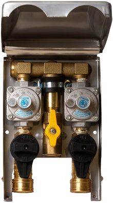 Gas Double Outlet Box - Burnaby Manufacturing 2 PSI Surface Mounted NG / LP Dual Plug, Stainless Steel (GO101-2#DBL-SS-L90)