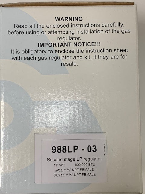 Cavagna Kosan Propane Gas Regulator - Second Stage LP - 1/2” NPT x 1/2” NPT [988LP-03]